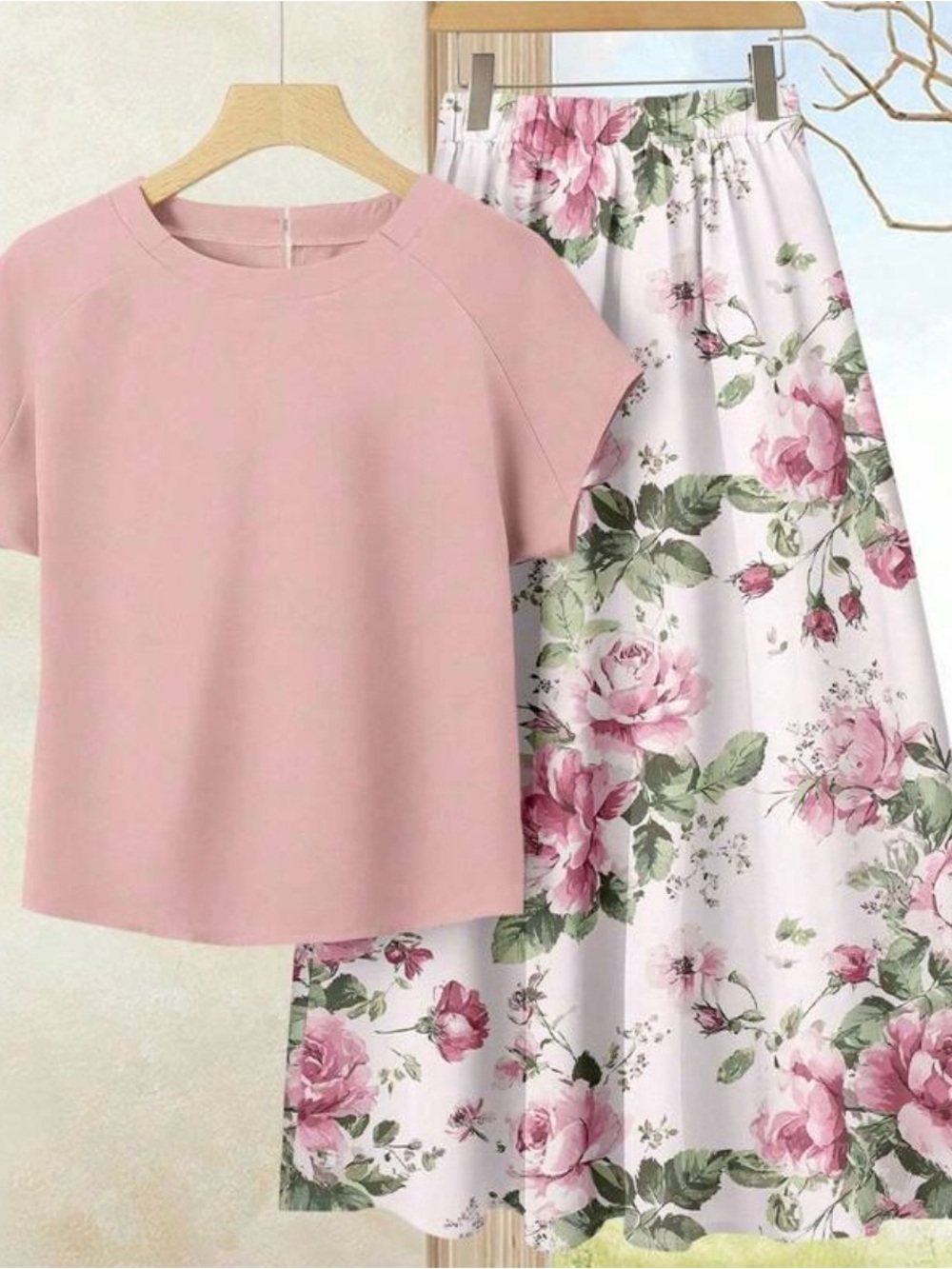Women’s Pink Blouse and Floral Skirt Set